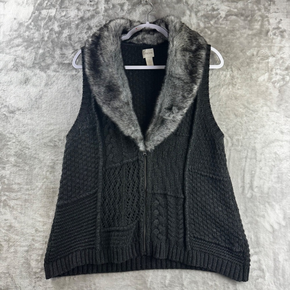 Chico's Faux Fur Collar Sweater Vest Women 2 Charcoal Gray Cable Knit Zip (N)